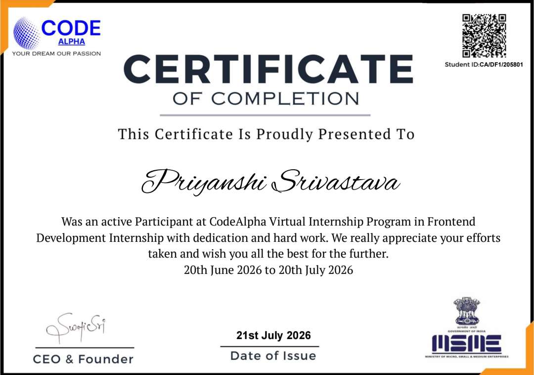 CodeAlpha Certificate of Completion - Frontend Development Internship