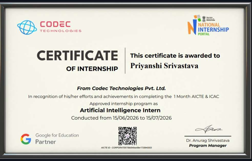 Codec Technologies Certificate of Internship - Artificial Intelligence Intern