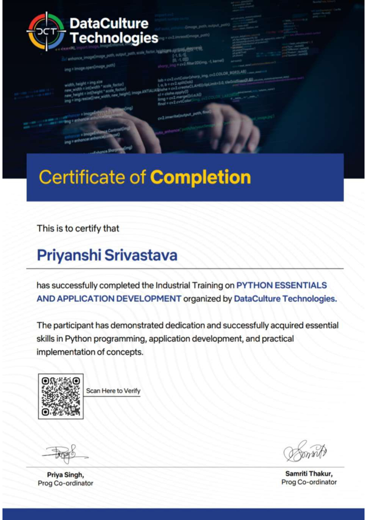 DataCulture Technologies Python Essentials Certificate