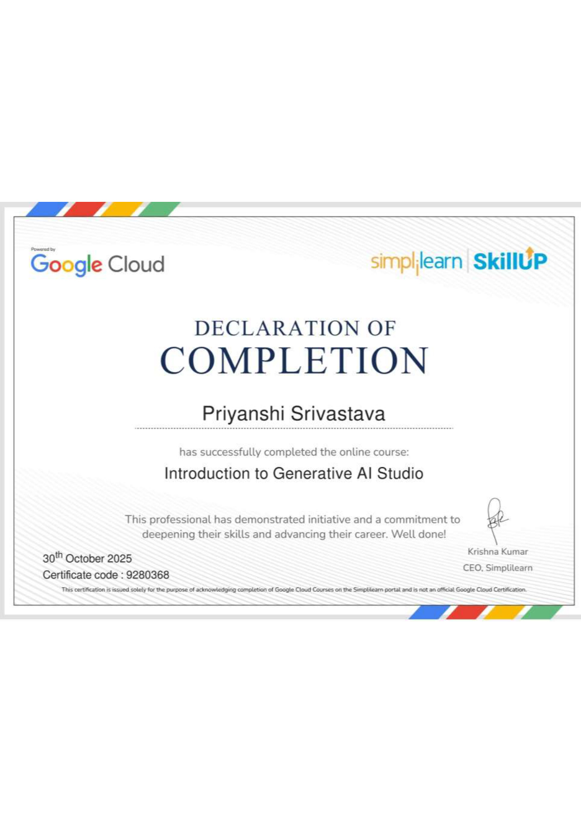Google Cloud Generative AI Studio Declaration of Completion