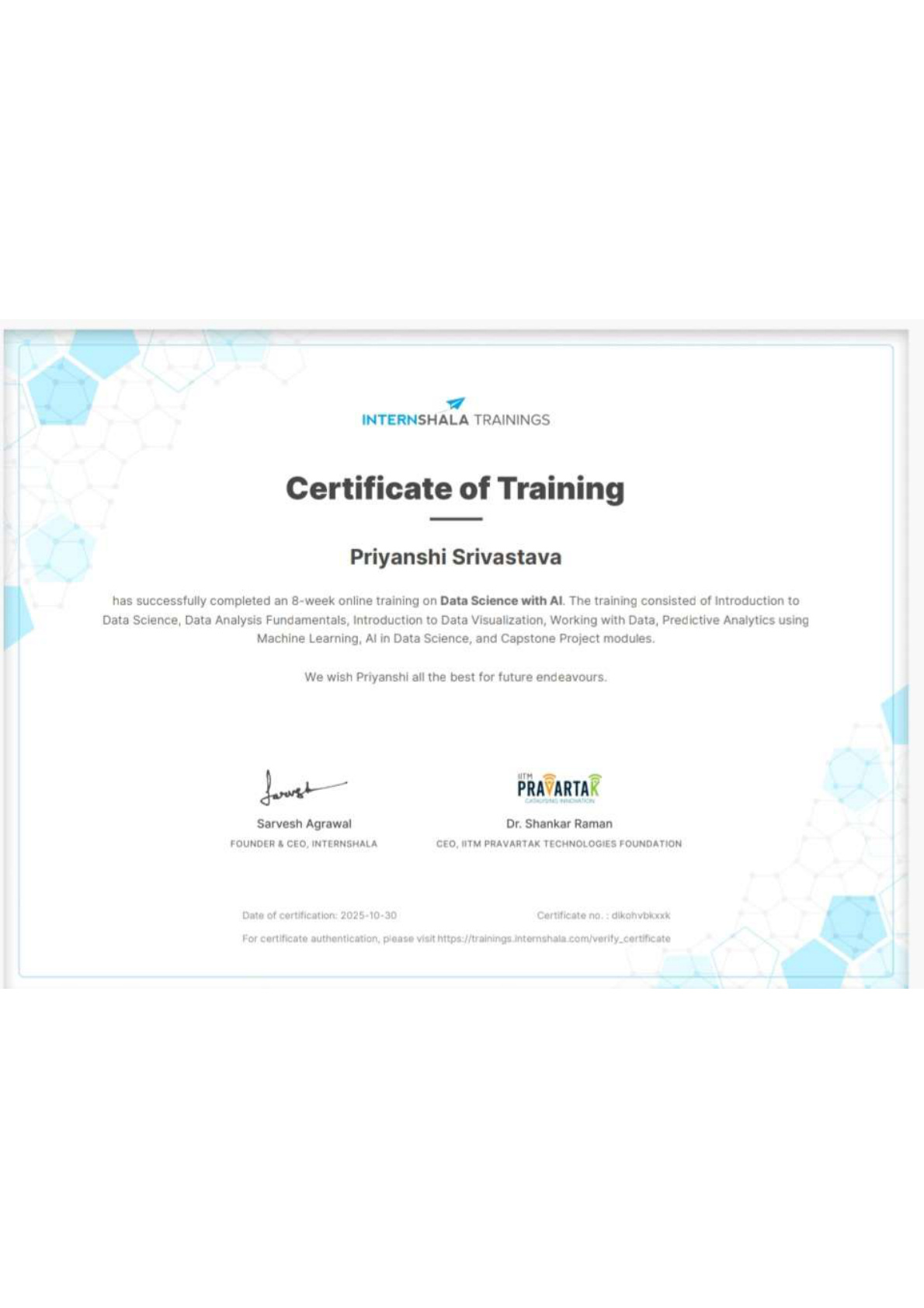 Internshala IITM Pravartak Data Science with AI Certificate