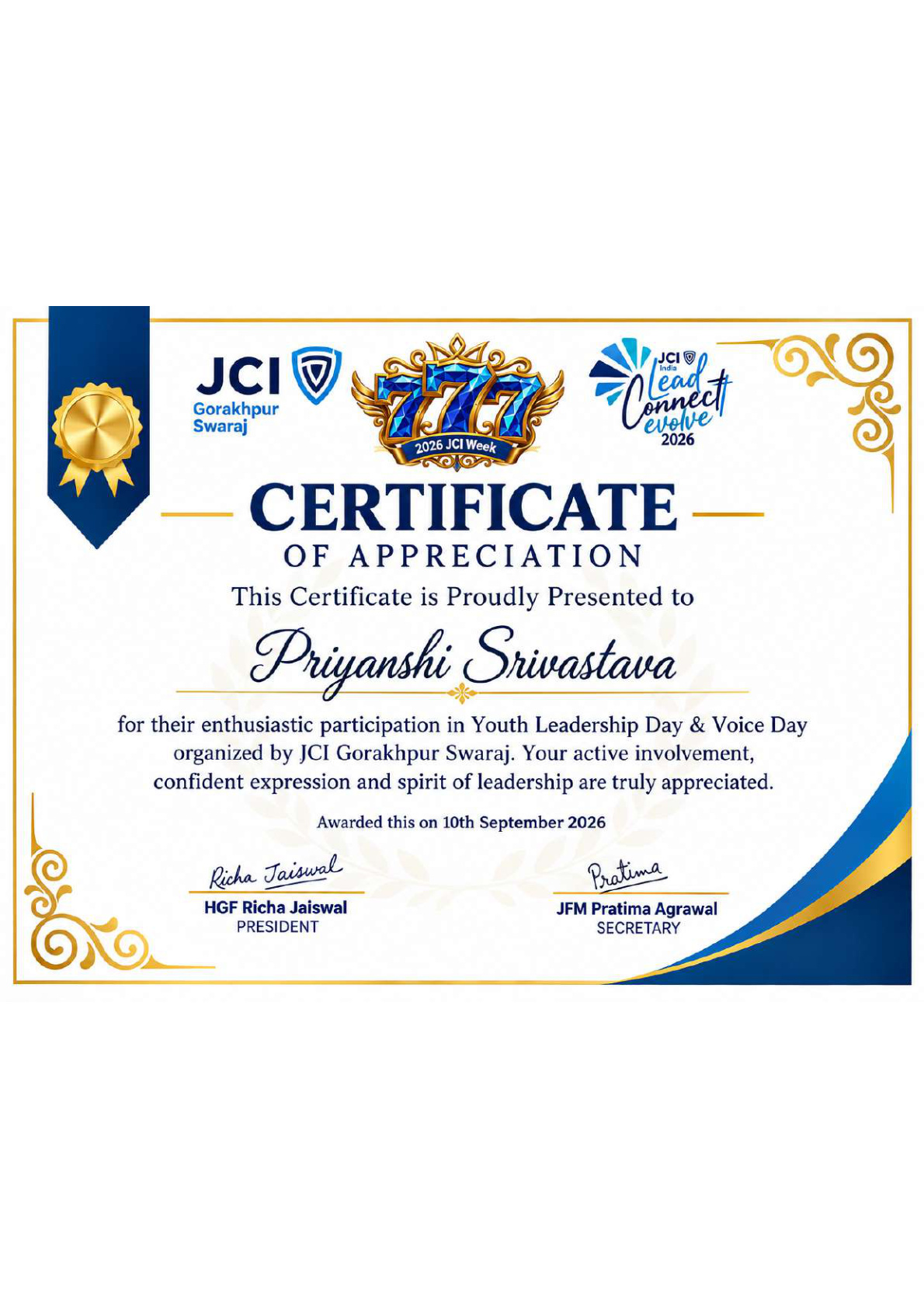 JCI Gorakhpur Swaraj Certificate of Appreciation