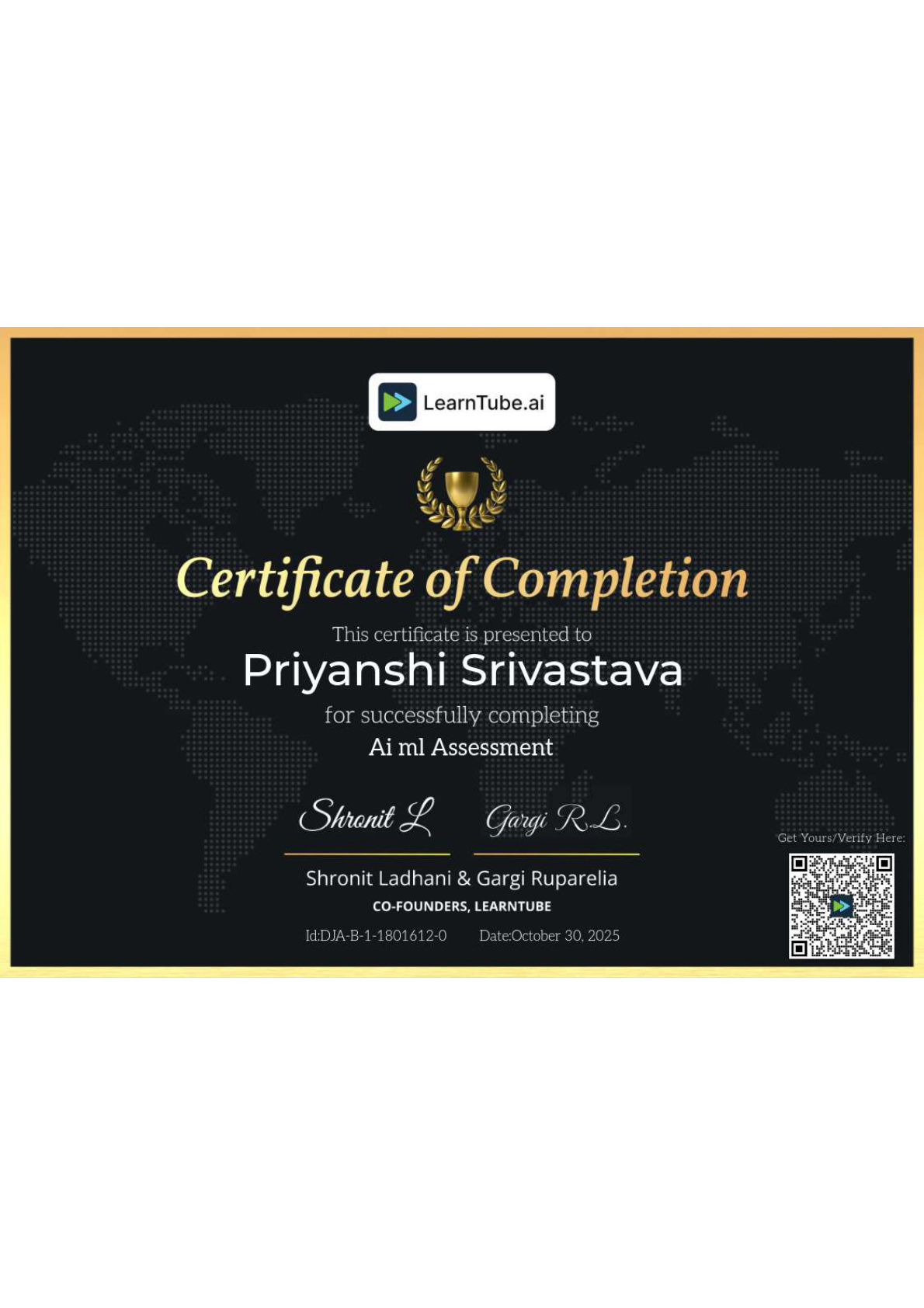 LearnTube AI ML Assessment Certificate of Completion