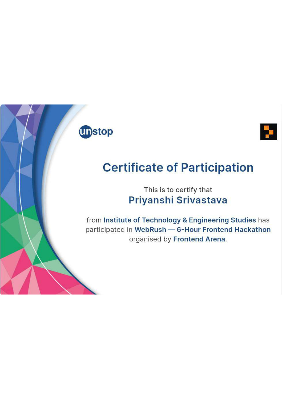 Unstop WebRush Certificate of Participation