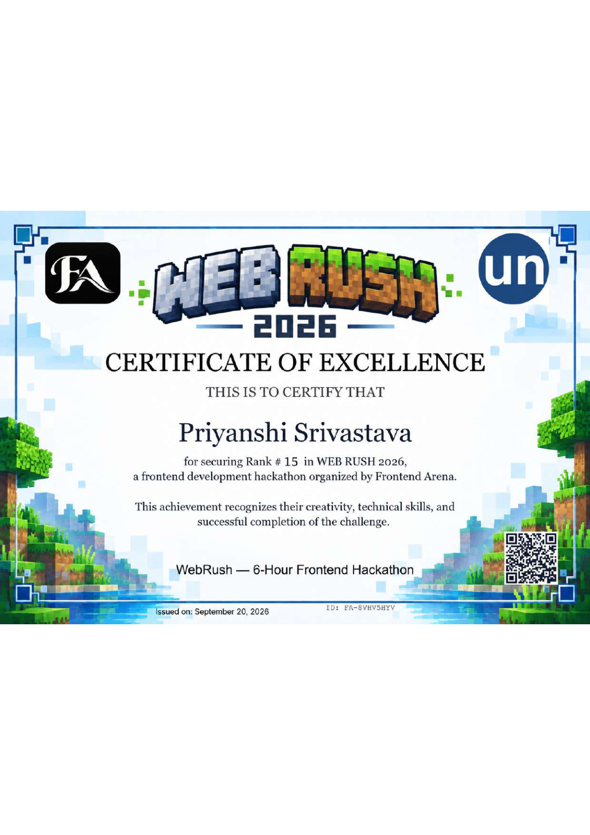 WebRush 2026 Certificate of Excellence - Rank 15