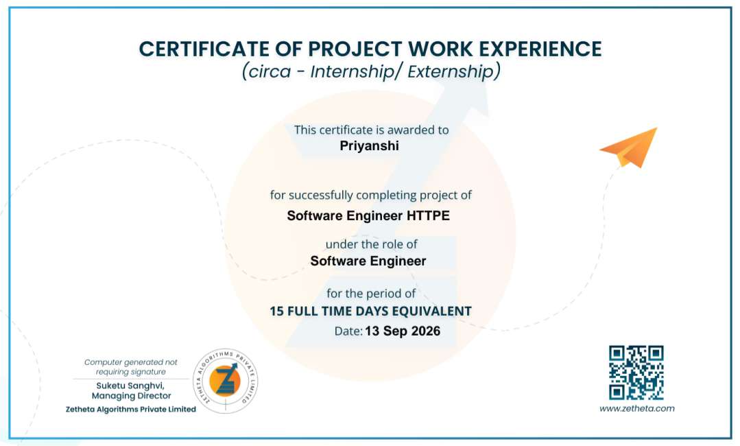 Zetheta Algorithms Certificate of Project Work Experience - Priyanshi